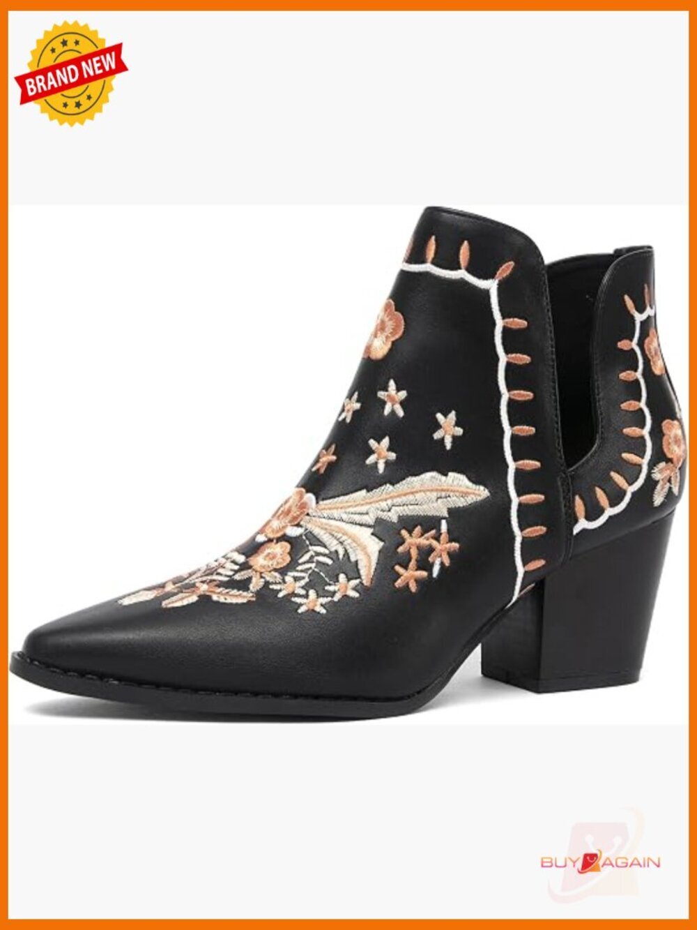 Women's Western Embroidered Pointed Toe Cutout Ankle Booties with Chunky Heel